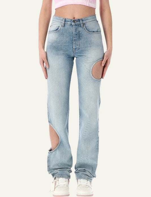 Off-White wide leg jeans light blue cut out detail front model view