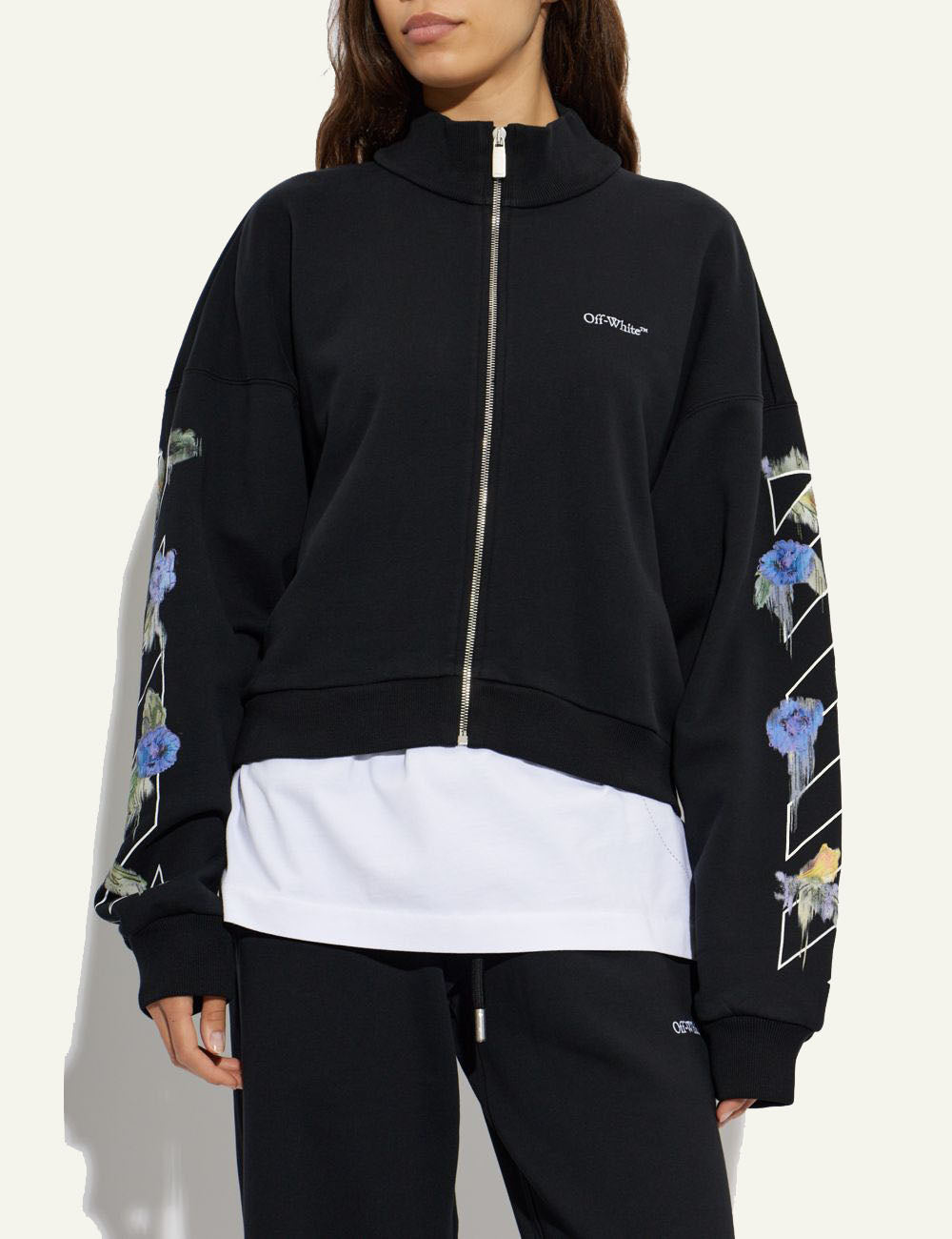 Off-White Women’s Black Cotton Floral Embroidered Zip Sweatshirt full body