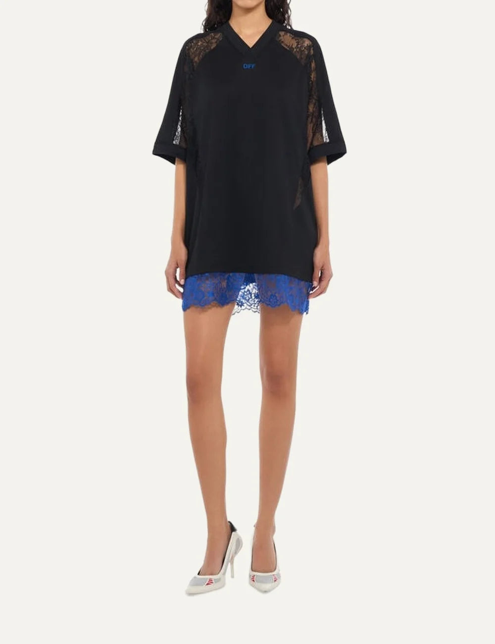 Off-White women's black oversized soccer T-shirt mini dress with V-neck, sheer lace raglan sleeves, blue lace hem and OFF chest logo full body