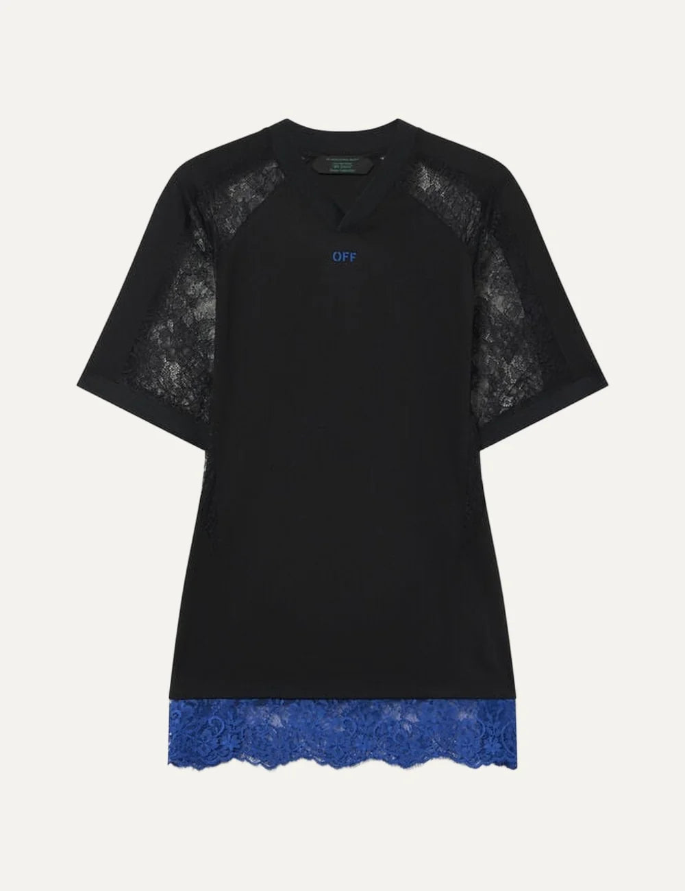 Off-White women's black oversized soccer T-shirt mini dress with V-neck, sheer lace raglan sleeves, blue lace hem and OFF chest logo.
