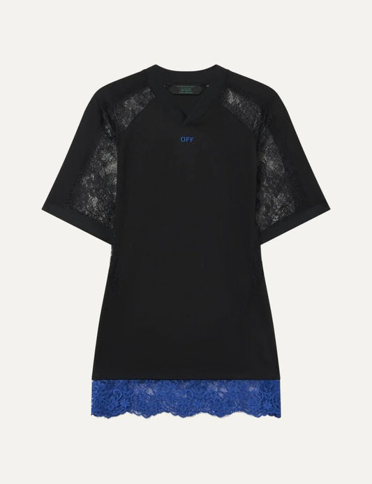 Off-White women's black oversized soccer T-shirt mini dress with V-neck, sheer lace raglan sleeves, blue lace hem and OFF chest logo.