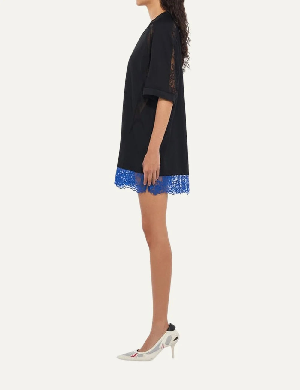 Off-White women's black oversized soccer T-shirt mini dress with V-neck, sheer lace raglan sleeves, blue lace hem and OFF chest logoside