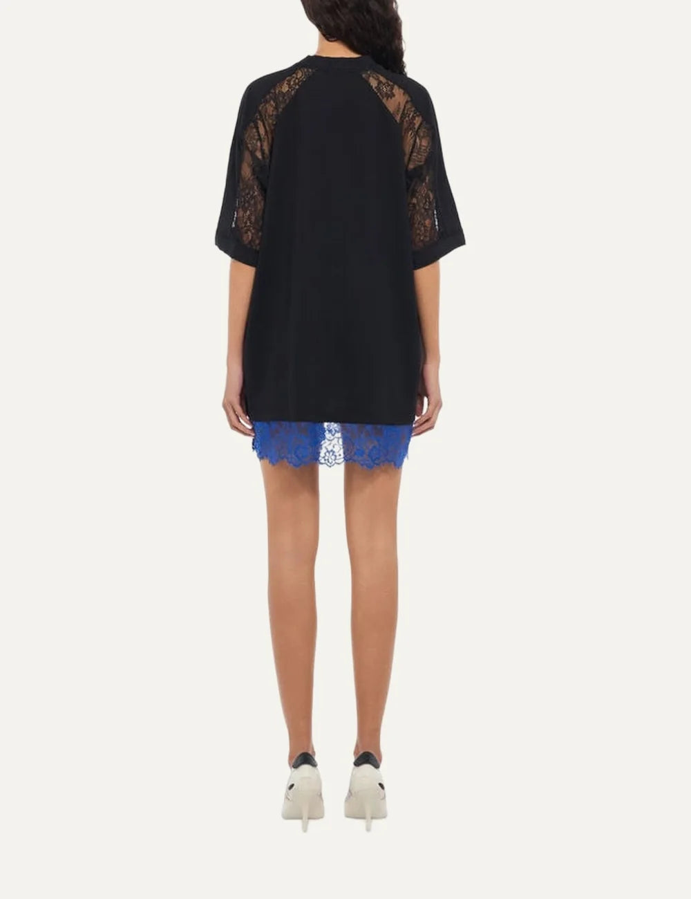 Off-White women's black oversized soccer T-shirt mini dress with V-neck, sheer lace raglan sleeves, blue lace hem and OFF chest logo back
