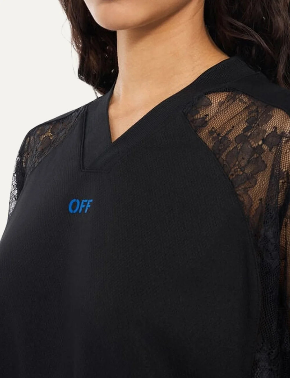 Off-White women's black oversized soccer T-shirt mini dress with V-neck, sheer lace raglan sleeves, blue lace hem and OFF chest logo detail