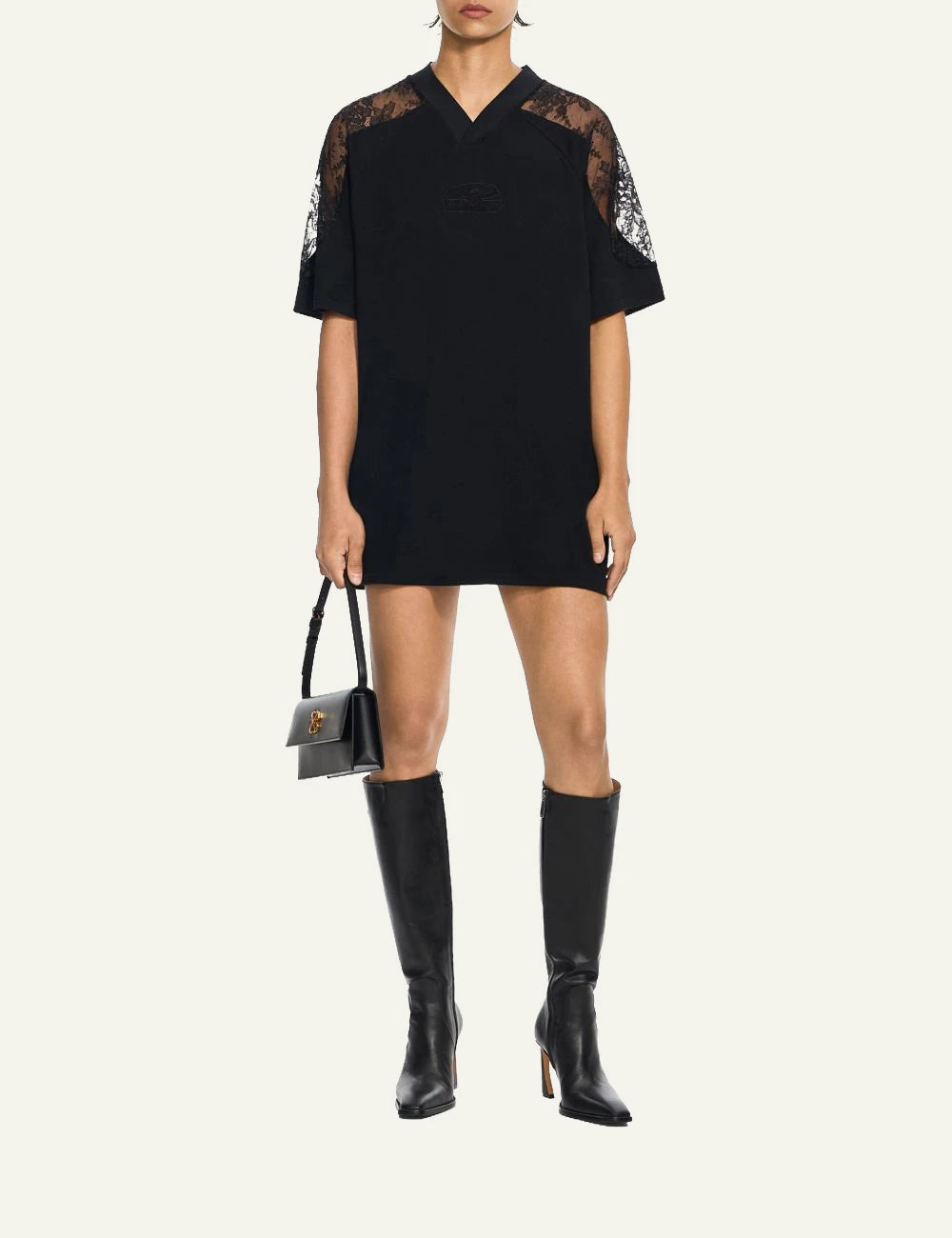  Off-White Women’s Black Mini Dress With Floral Lace Panels full body