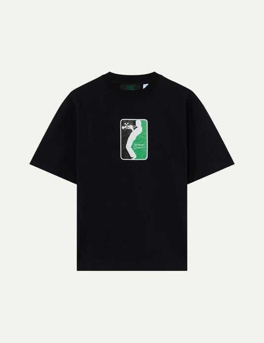 Off-White women's black oversized Mr. Davis League Skate T-shirt with crew neck, short sleeves and green, black and white trumpet-player graphic on the chest.
