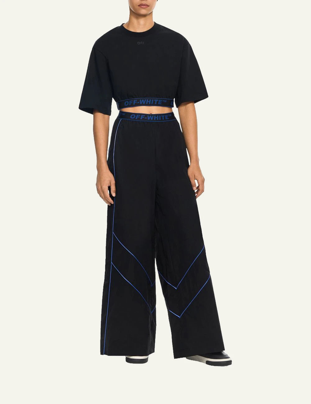 Off-White Women’s Black Nylon Wide Leg Logo Band Pants full body