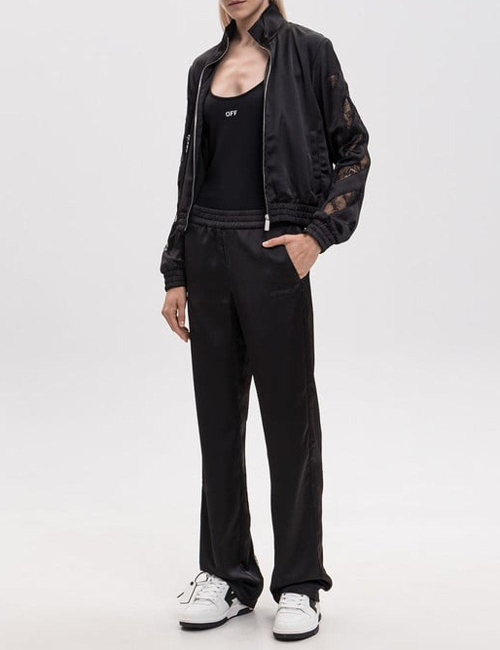 Off-White Women’s Black Satin Straight-Leg Track Pants full body