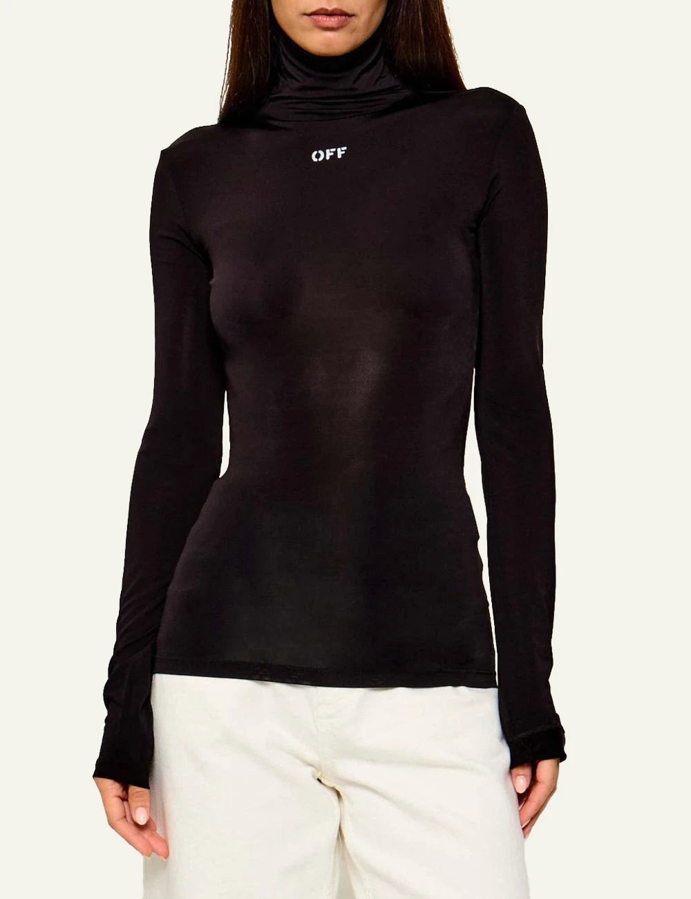 Off-White Women’s Black Slim Fit High Neck Top With Logo Print model