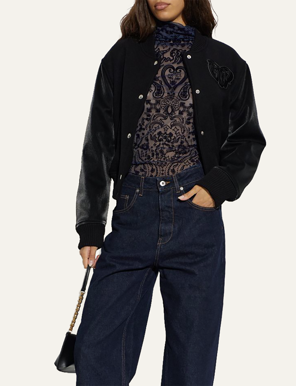 Off-White Women’s Black Wool Blend Embroidered Bomber Jacket model