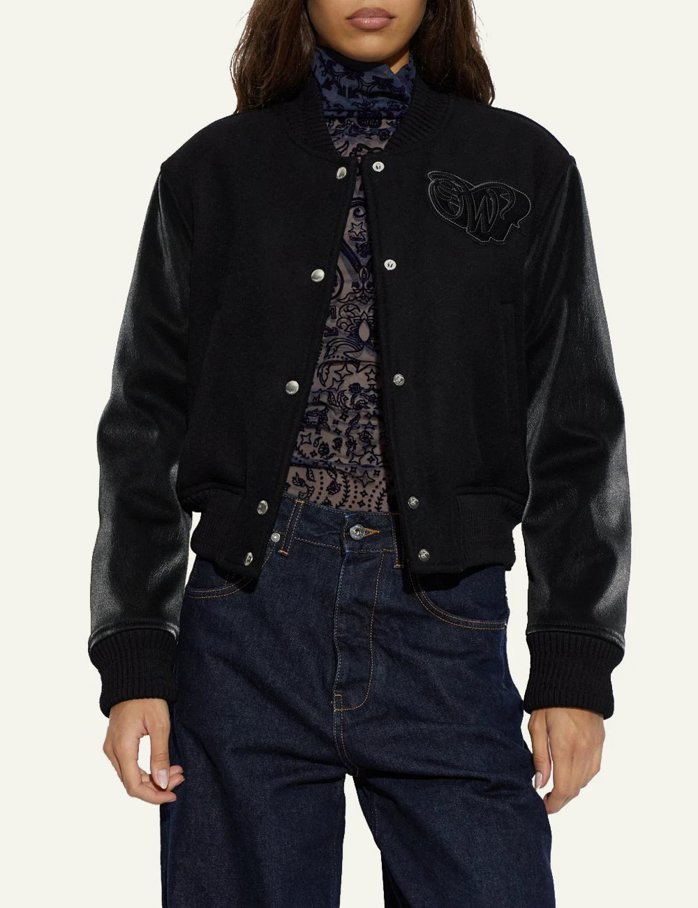 Off-White Women’s Black Wool Blend Embroidered Bomber Jacket full body