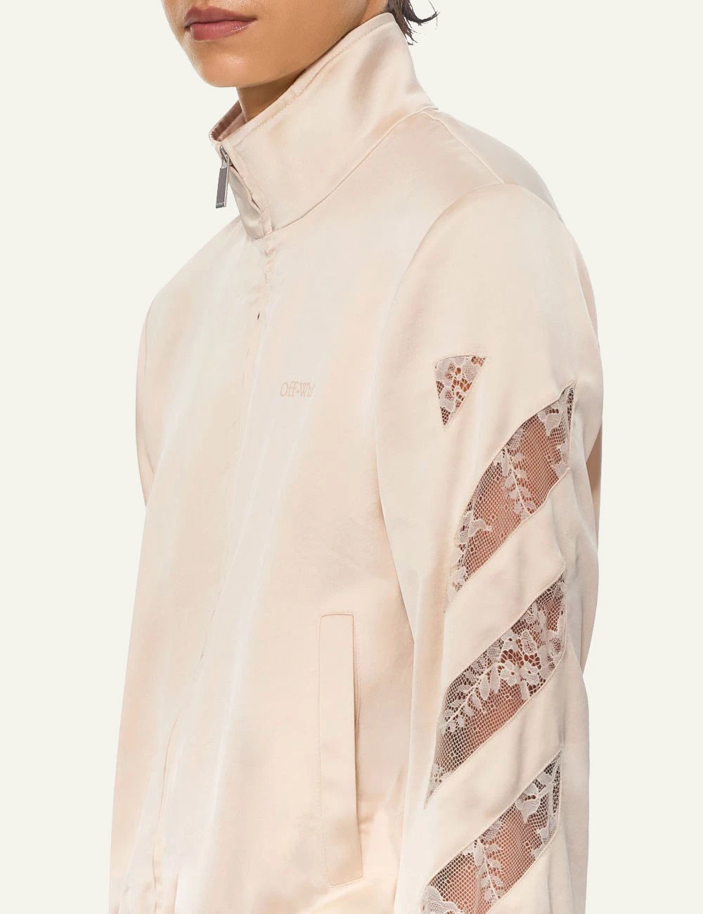 Off-White Women’s Cream Satin Lace Insert Track Jacket side detail