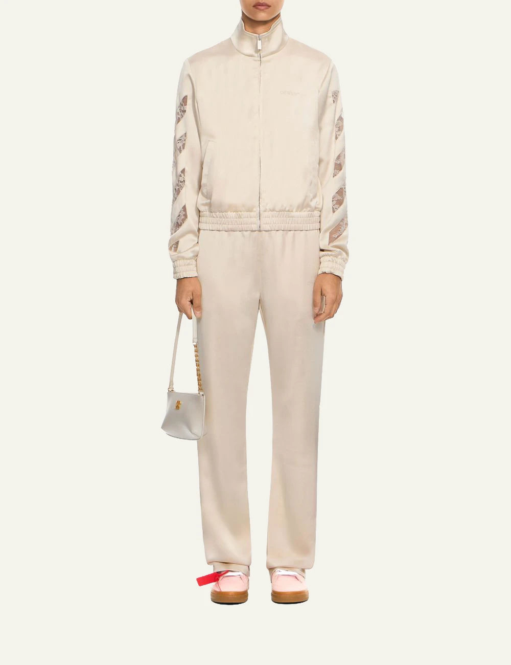 Off-White Women’s Cream Satin Lace Insert Track Jacket full body