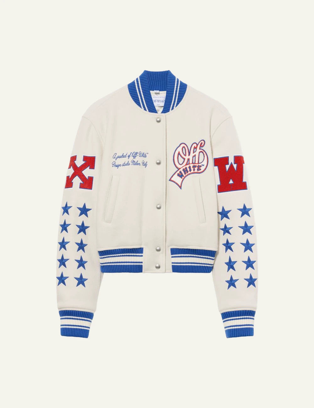 Off-White Women’s Cream Wool Varsity Jacket with Multicolor Patches