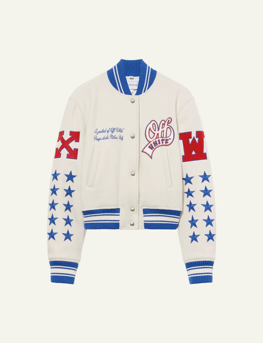 Off-White Women’s Cream Wool Varsity Jacket with Multicolor Patches