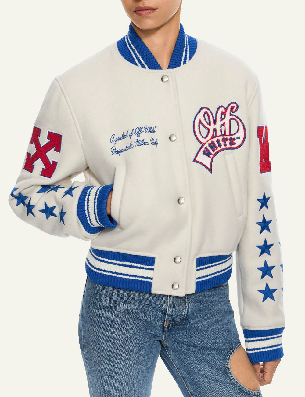 Off-White Women’s Cream Wool Varsity Jacket with Multicolor Patches model