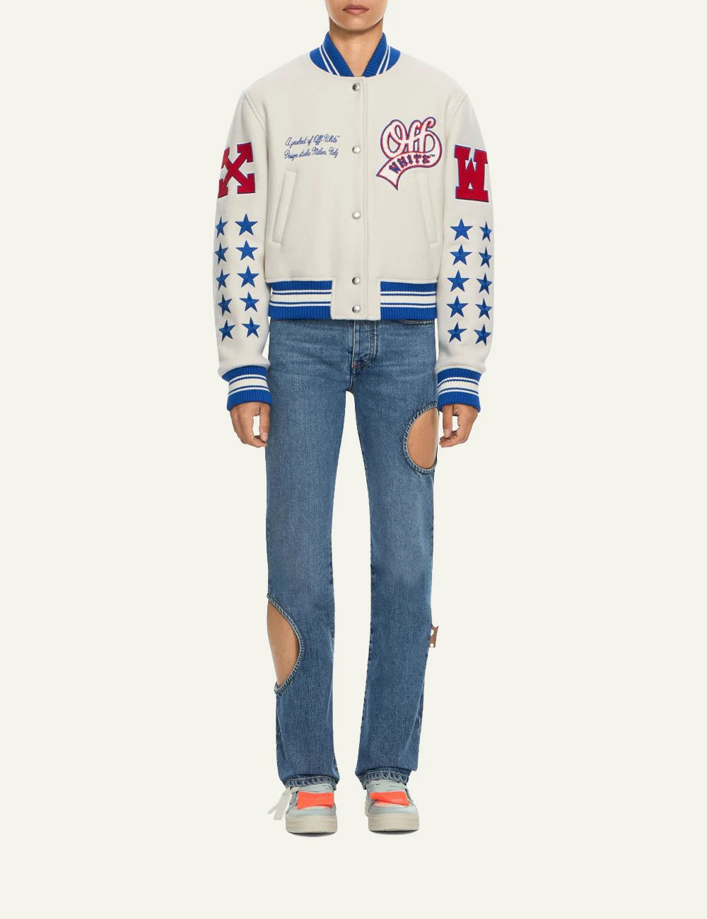 Off-White Women’s Cream Wool Varsity Jacket with Multicolor Patches full body