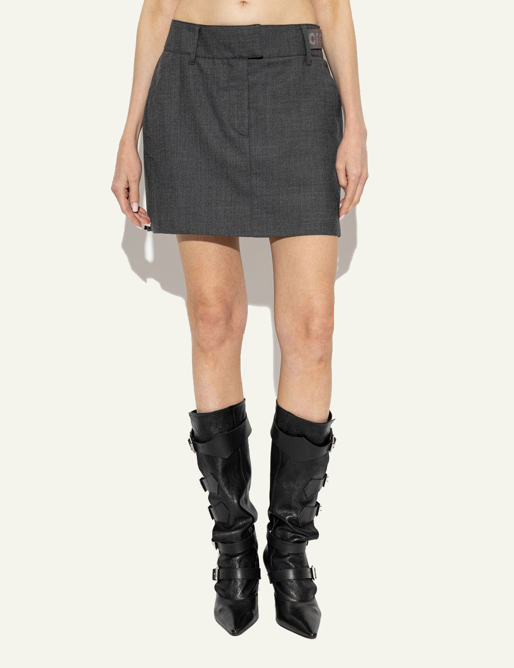 Off-White Women’s Dark Grey Wool A-Line Mini Skirt model
