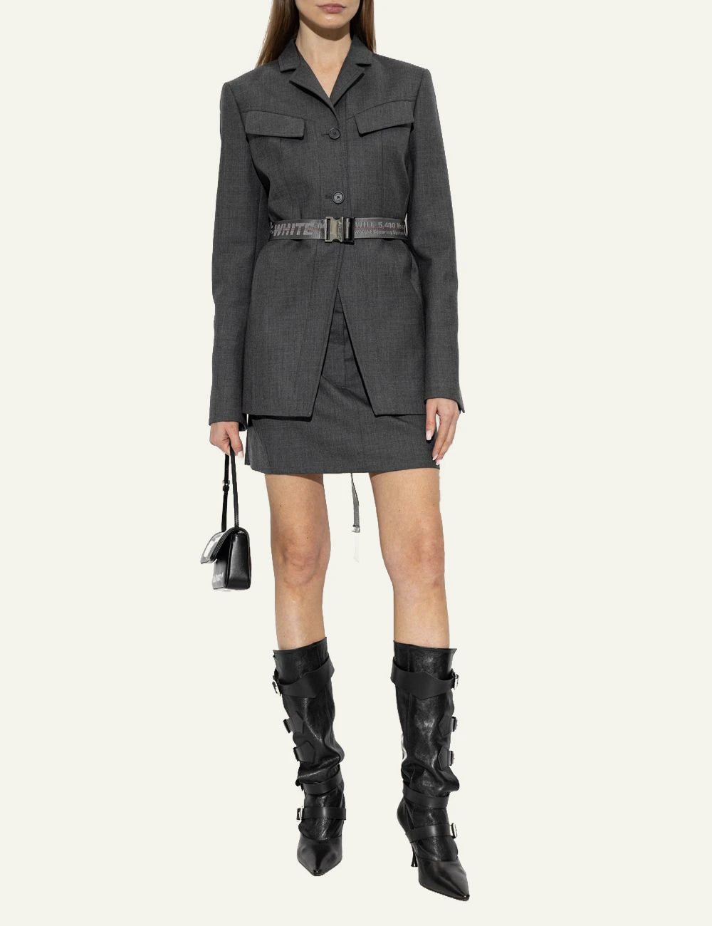 Off-White Women’s Dark Grey Wool A-Line Mini Skirt full body