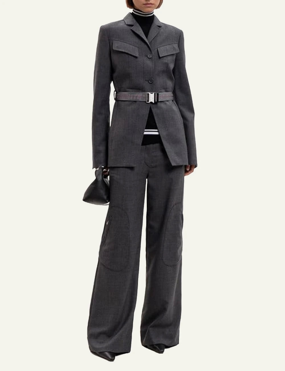 Off-White Women’s Dark Grey Wool High-Waist Wide Leg Pants full body