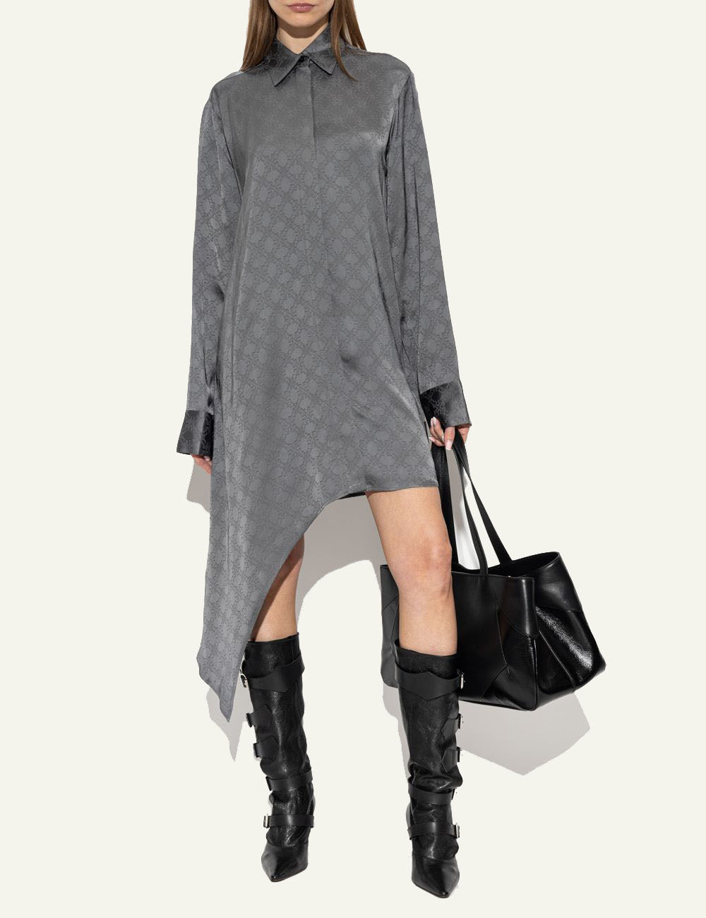Off-White Women’s Grey Viscose Monogram Asymmetric Shirt Dress full body