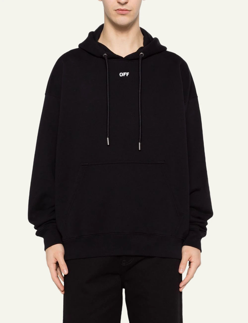 Off White black hoodie cotton arrow logo chest front model view
