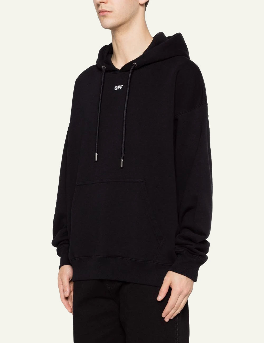 Off White black hoodie cotton arrow logo chest side view