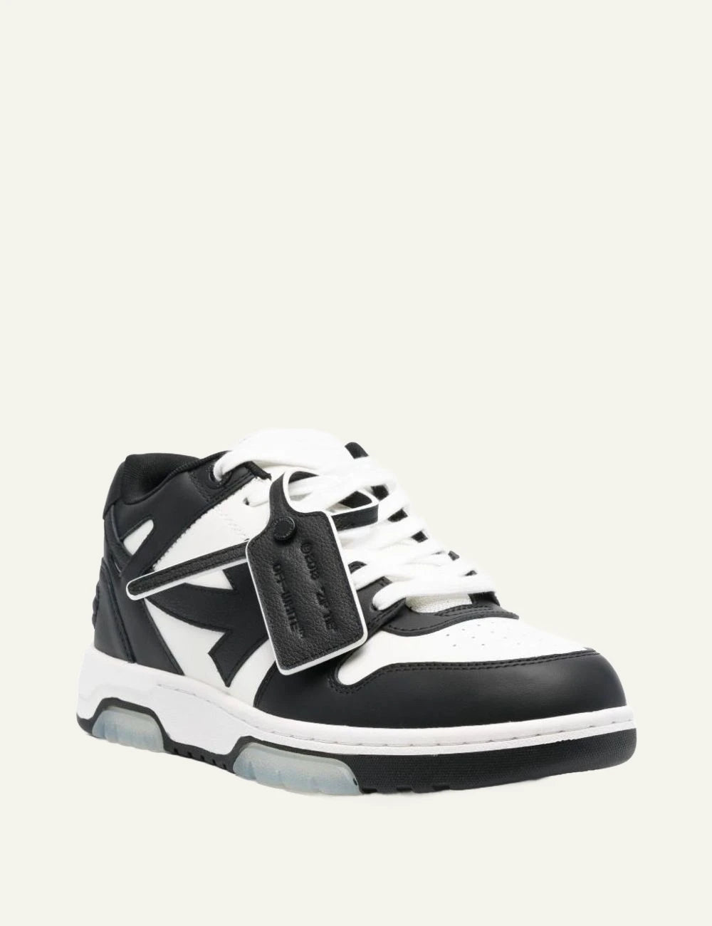 Off-White OOO sneaker black white leather arrow detail angled view