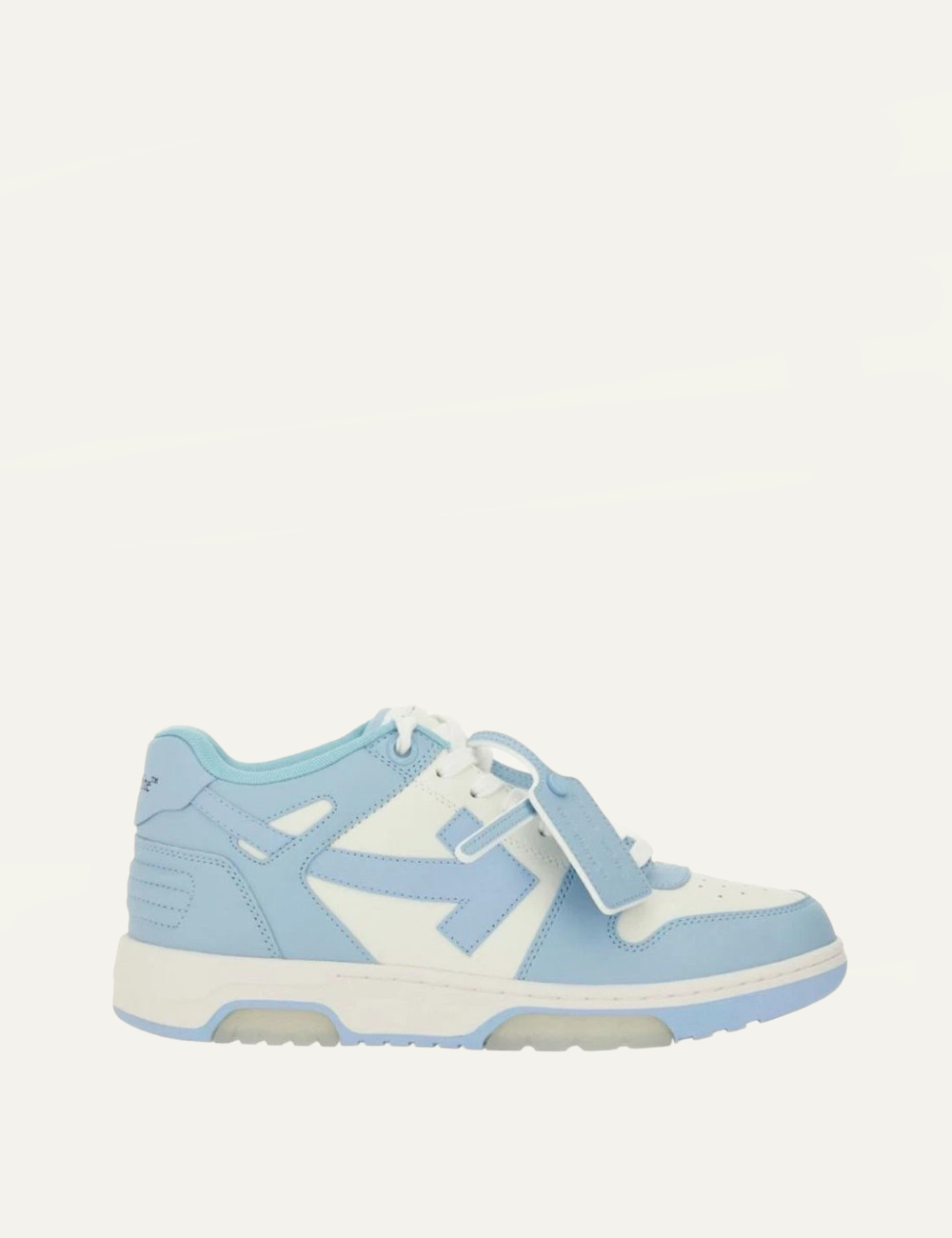 Off-White OOO sneaker white light blue leather arrow detail side view