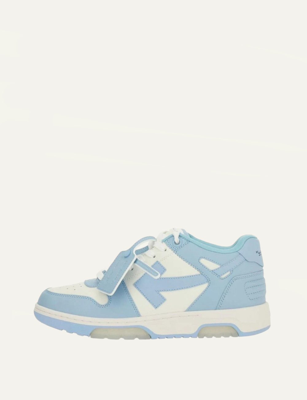 Off-White OOO sneaker white light blue leather arrow detail profile view