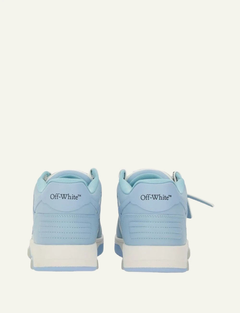 Off-White OOO sneaker white light blue leather arrow detail back view