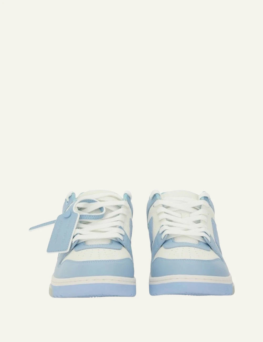Off-White OOO sneaker white light blue leather arrow detail front view