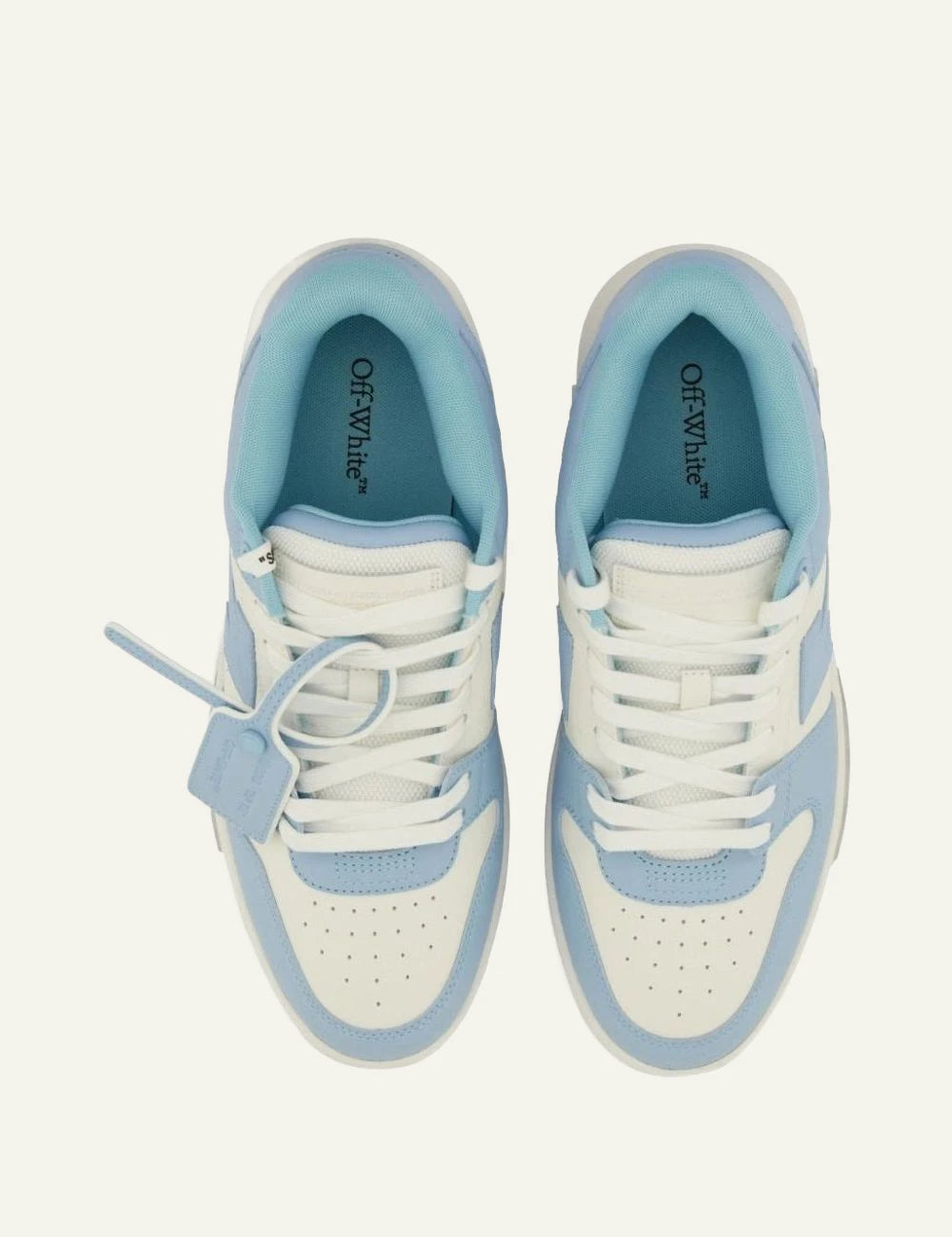Off-White OOO sneaker white light blue leather arrow detail top view