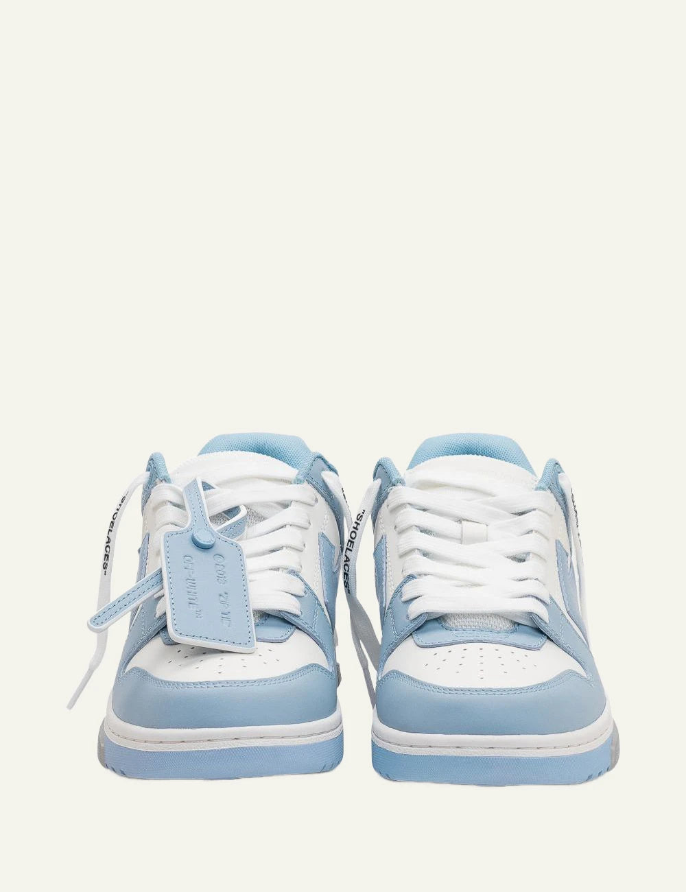 Off-White Out Of Office sneaker white and light blue with arrow logo front view