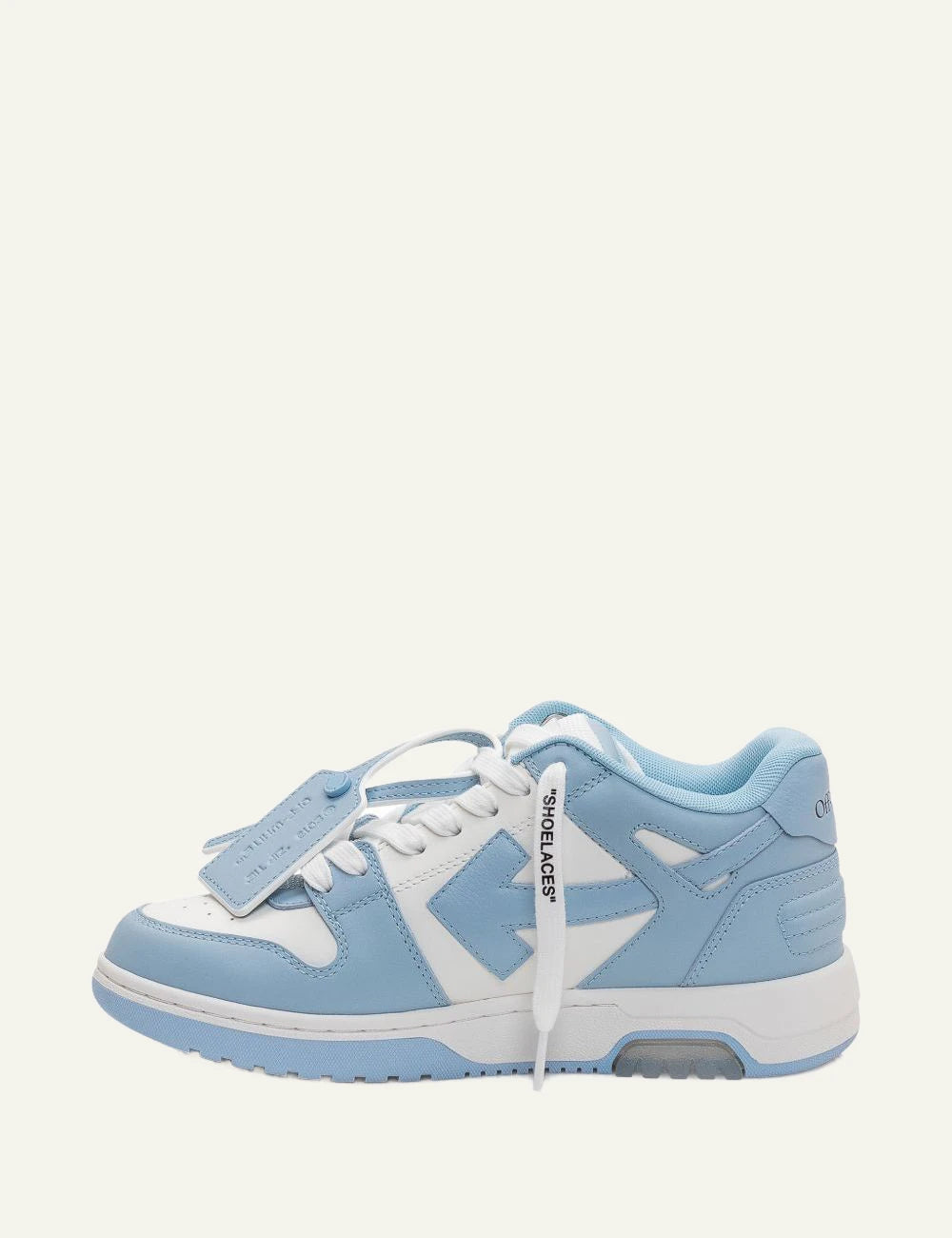Off-White Out Of Office sneaker white and light blue with arrow logo profile view