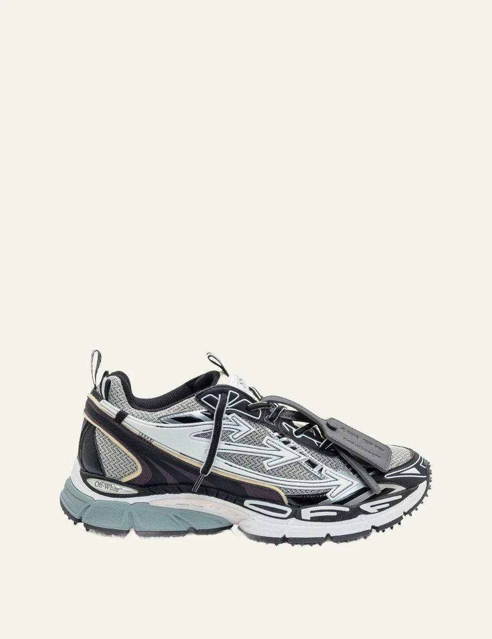Off-White running sneaker grey black arrow detail side view