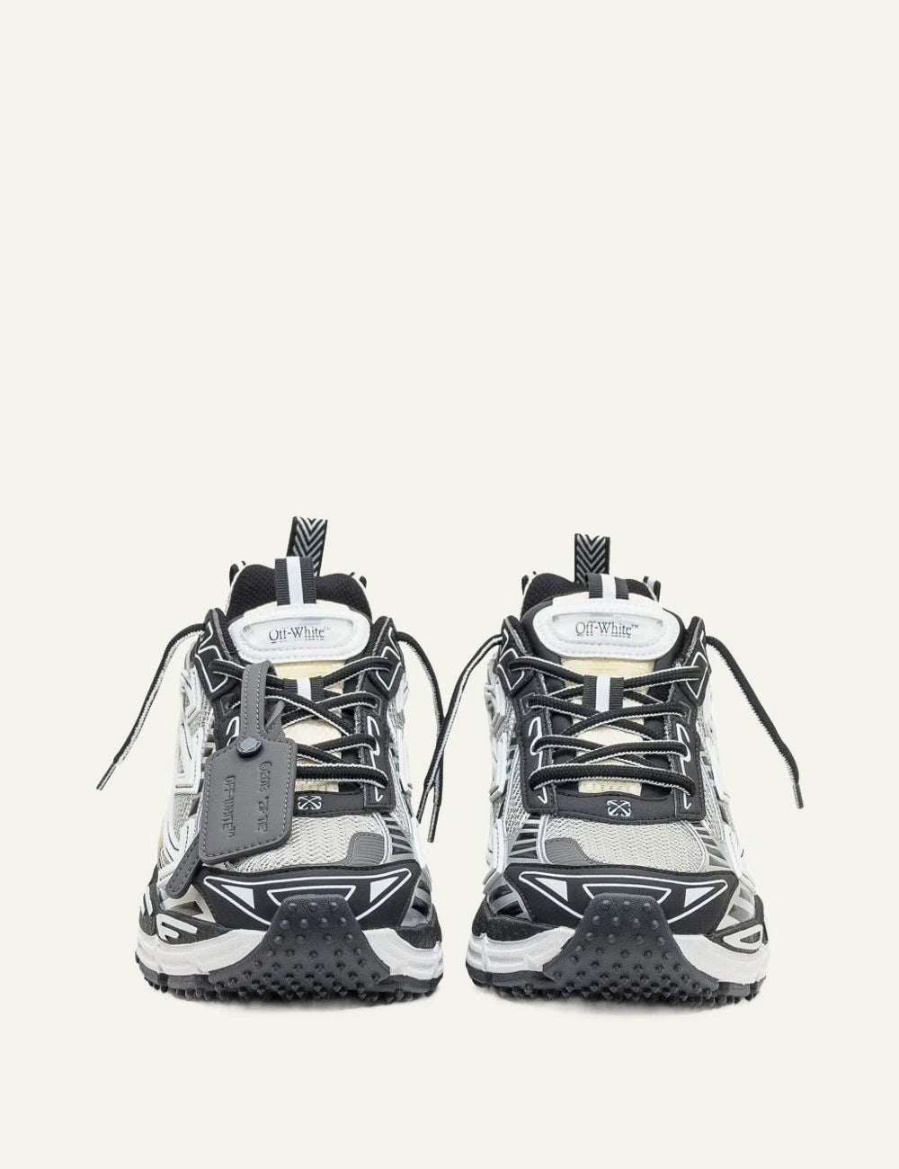 Off-White running sneaker grey black arrow detail front view