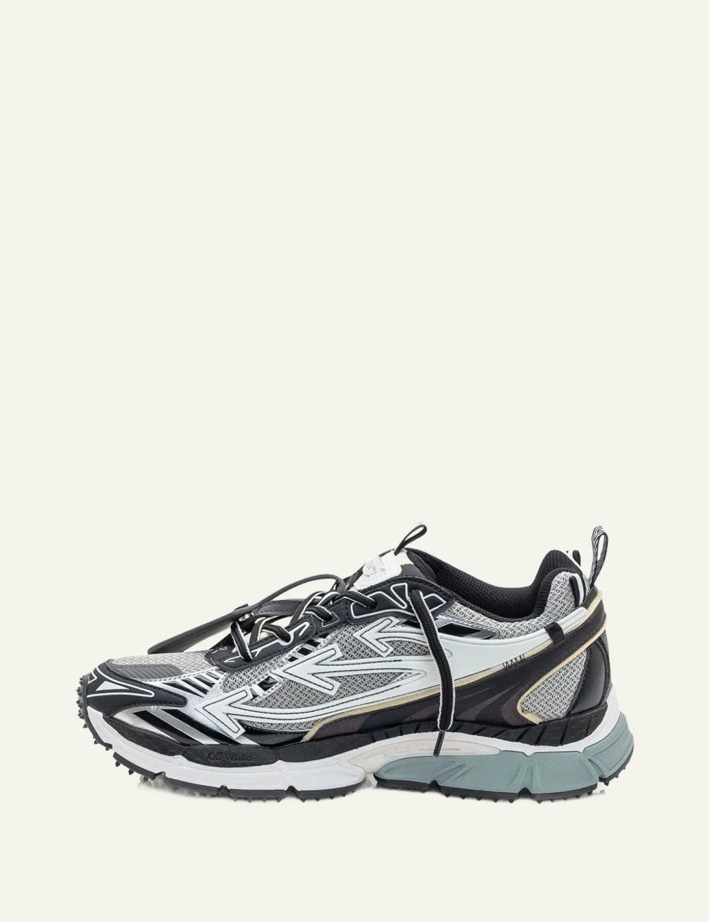 Off-White running sneaker grey black arrow detail profile view