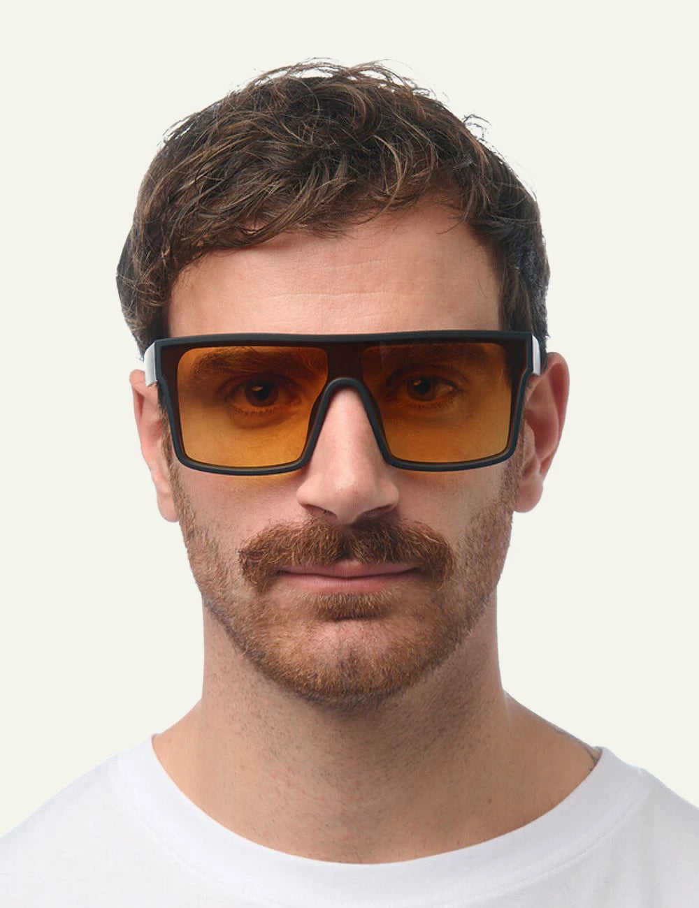 Okkia Tokyo black square sunglasses yellow lenses front man