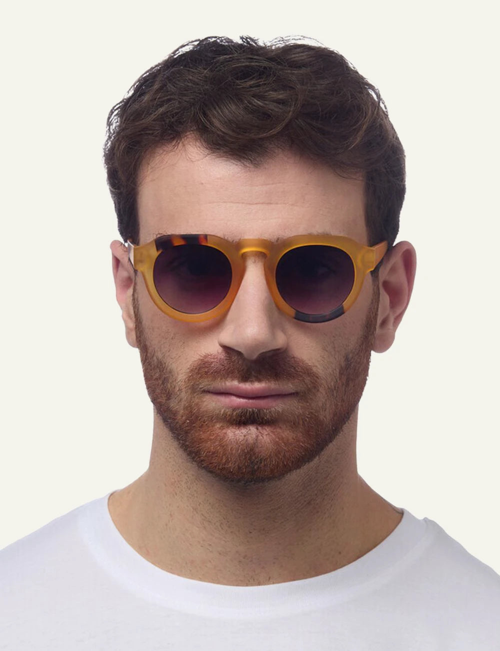 Okkia Zeno yellow round sunglasses havana detail front man