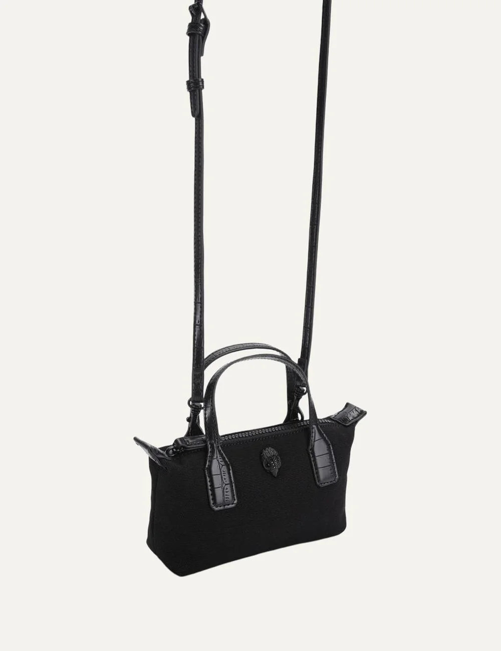 Kurt Geiger London black canvas mini handbag with croc-embossed handles, crystal eagle head detail and detachable crossbody strap full