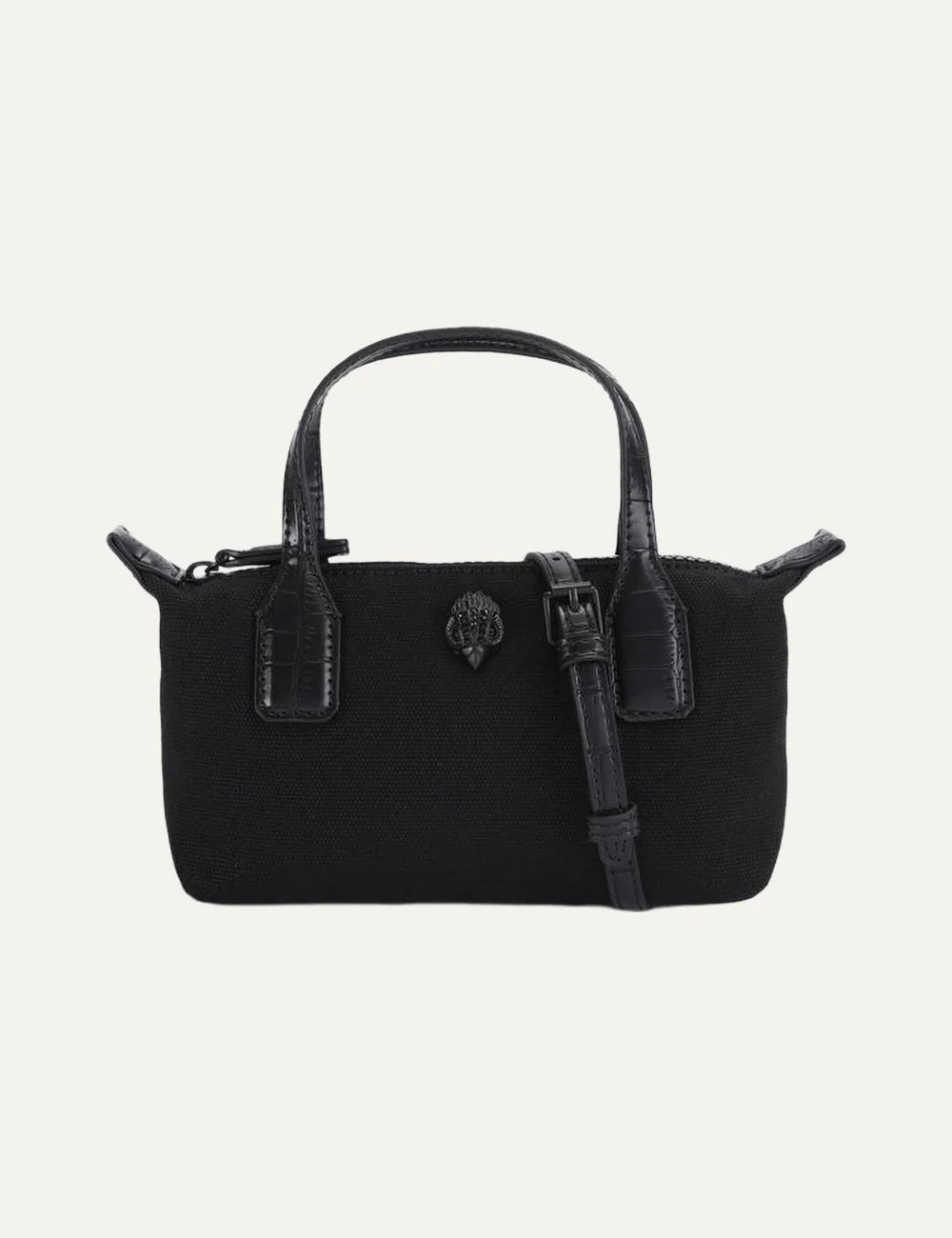 Kurt Geiger London black canvas mini handbag with croc-embossed handles, crystal eagle head detail and detachable crossbody strap.