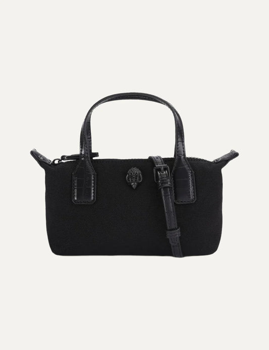 Kurt Geiger London black canvas mini handbag with croc-embossed handles, crystal eagle head detail and detachable crossbody strap.