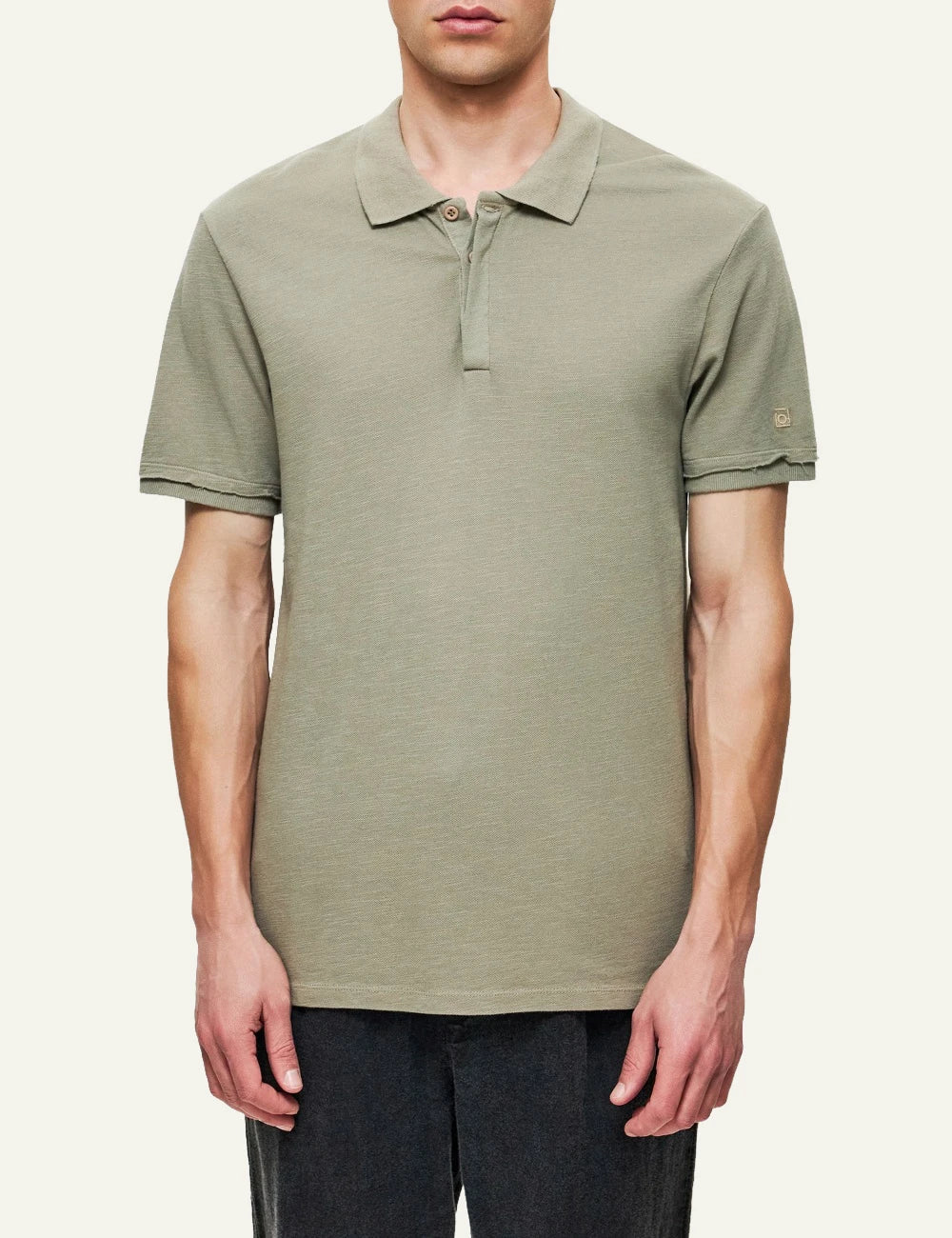 olive polo t-shirt short sleeve minimal front model view