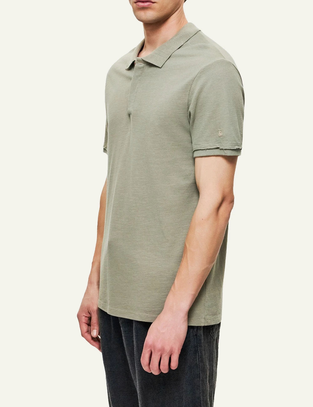 olive polo t-shirt short sleeve minimal side model view