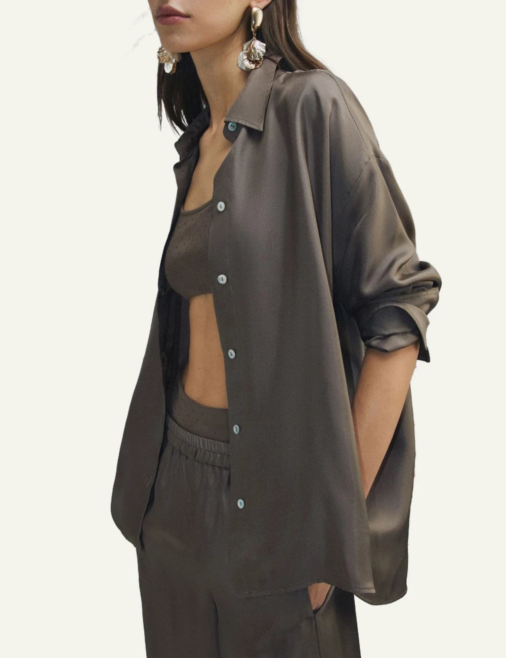 Olive Satin Button-Up Shirt With Long Sleeves side detail