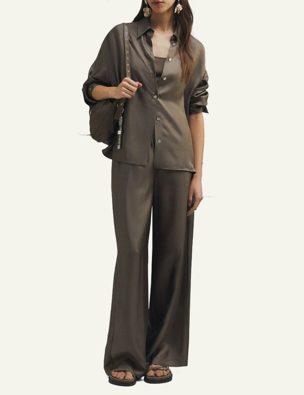 Olive Satin Button-Up Shirt With Long Sleeves Full body