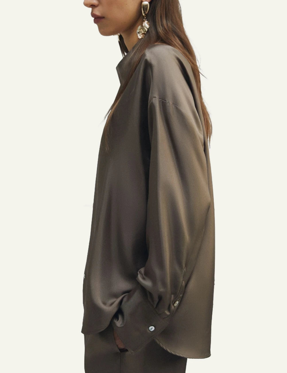 Olive Satin Button-Up Shirt With Long Sleeves side