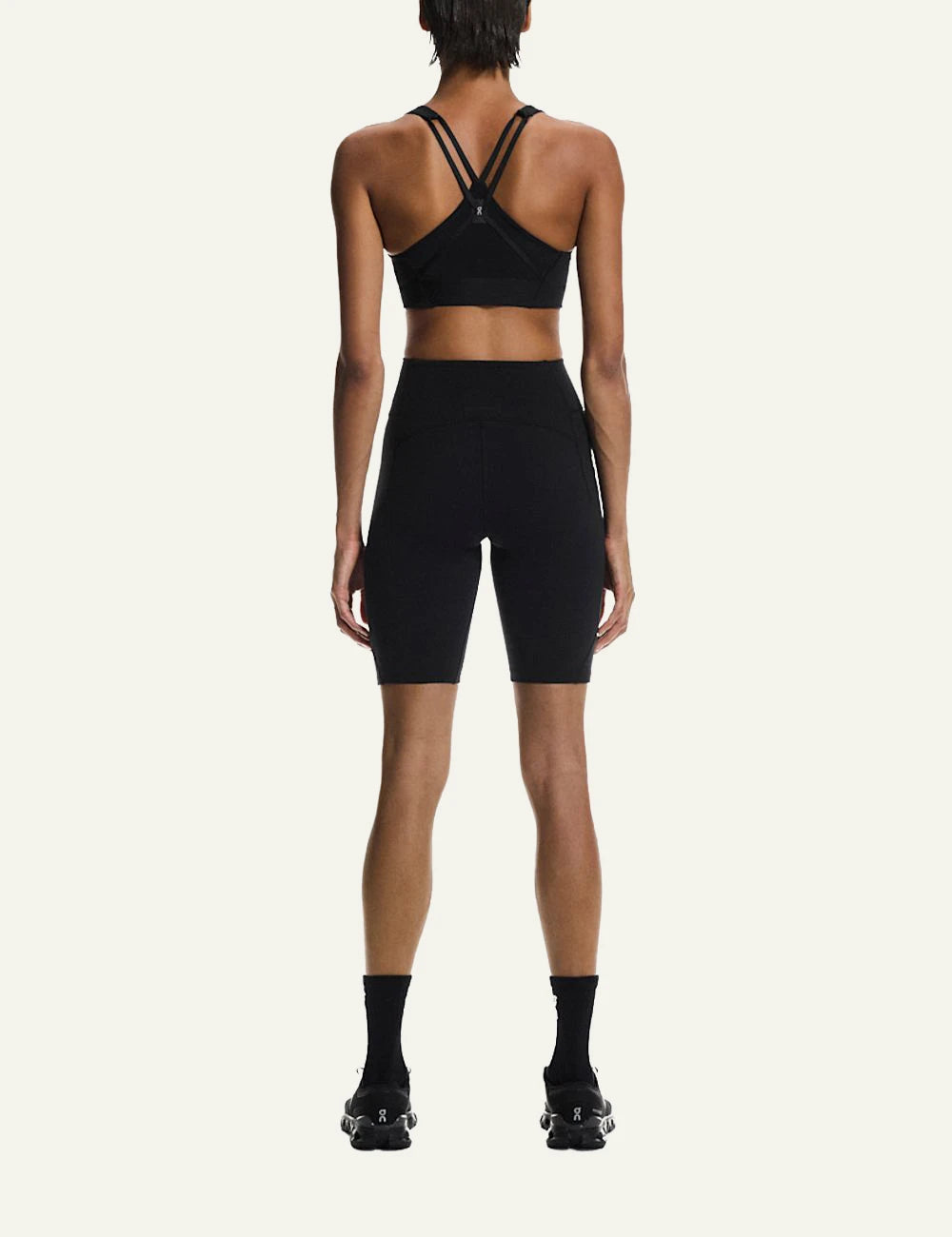 On biker shorts black back full body worn