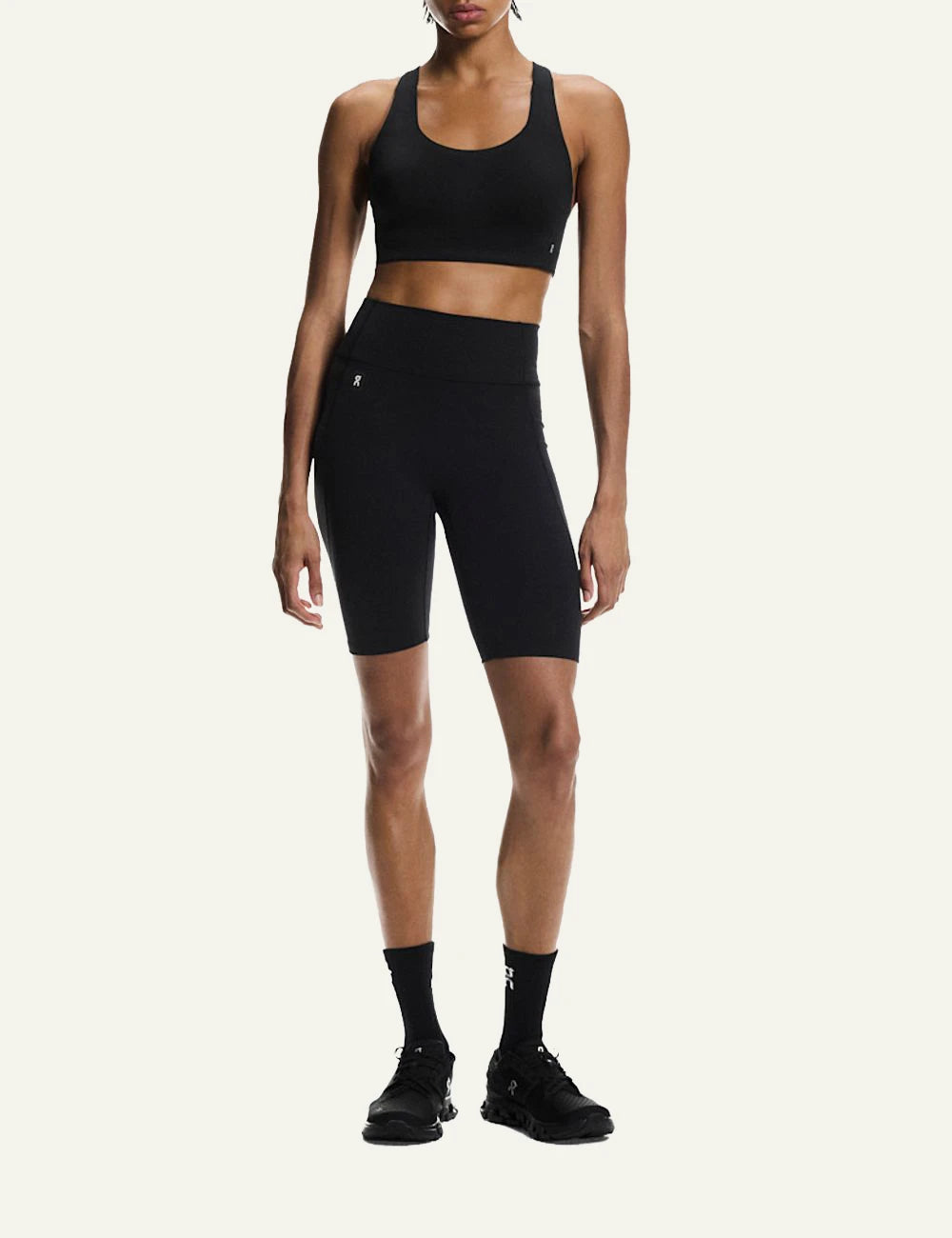 On biker shorts black front full body worn